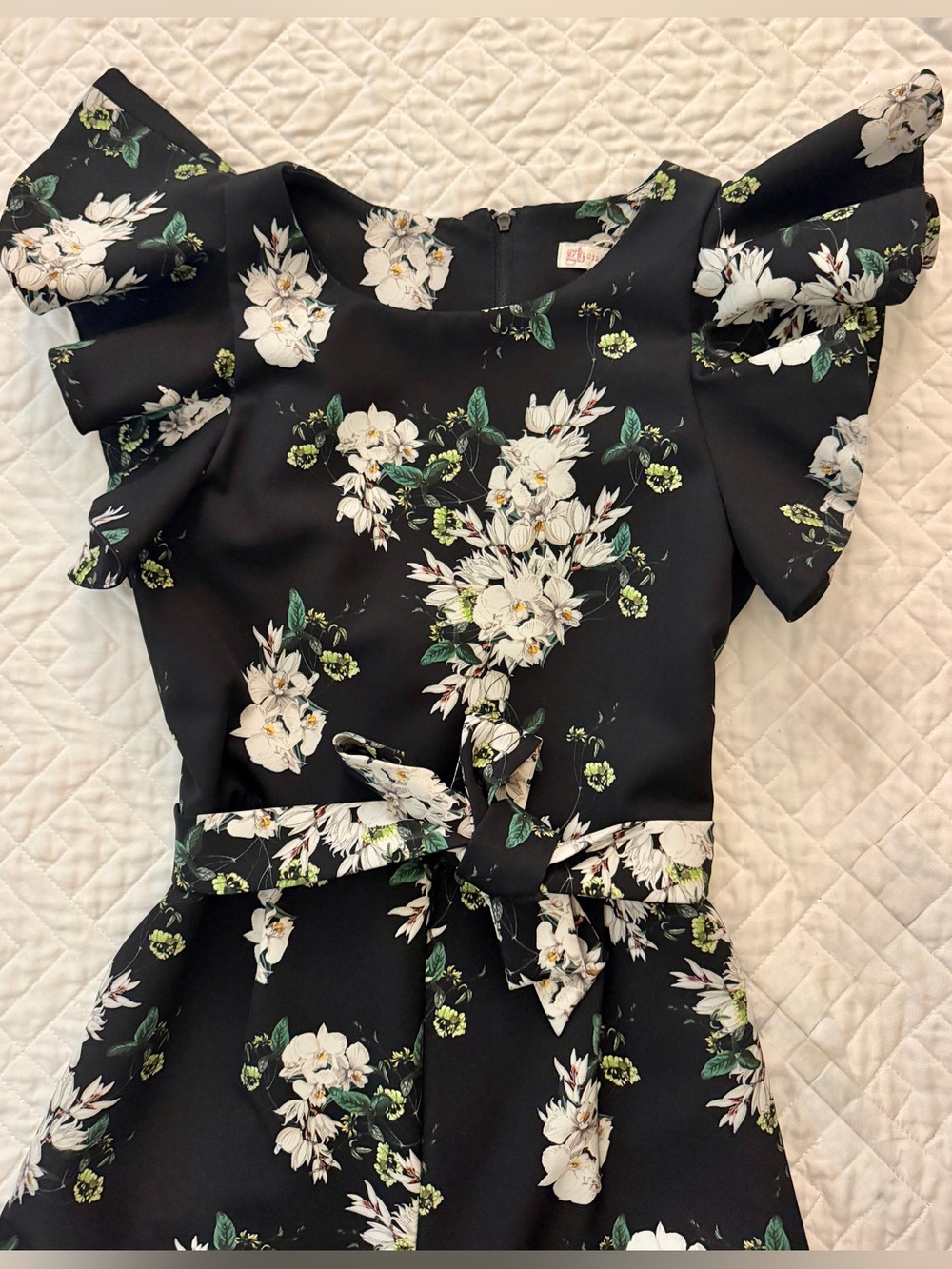 GB Girls Black Floral Tie Waist Ruffle Sleeve Wide Leg Jumpsuit 12 EUC - Picture 2 of 11
